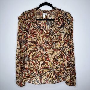 Joie Women’s Floral Metallic Ruffle Sleeve Tie Neck Blouse Size Large